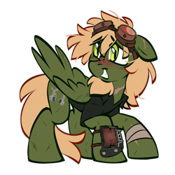 Size: 1300x1300 | Tagged: safe, artist:crimmharmony, derpibooru import, oc, oc only, oc:murky, pegasus, pony, fallout equestria, fallout equestria: murky number seven, bandage, clothes, ears back, fanfic art, goggles, goggles on head, looking away, male, nervous, nervous smile, pipbuck, simple background, smiling, solo, transparent background