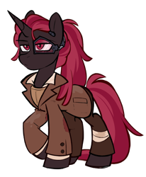 Size: 1400x1700 | Tagged: safe, artist:crimmharmony, derpibooru import, oc, oc only, oc:protege, pony, unicorn, fallout equestria, fallout equestria: murky number seven, bandage, clothes, eyewear, fanfic art, horn, long mane, long tail, looking forward, male, ponytail, simple background, solo, tail, transparent background