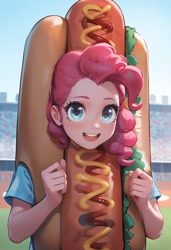 Size: 832x1216 | Tagged: safe, ai content, derpibooru import, generator:pony diffusion v6 xl, generator:stable diffusion, machine learning generated, pinkie pie, human, equestria girls, g4, baseball field, clothes, costume, crowd, female, food, generator:civitai, hot dog, hot dog costume, ketchup, looking at you, meat, mustard, outdoors, prompter:tttesttester123, relish, sauce, sausage, shirt, short sleeves, solo, sports, stadium