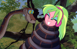 Size: 1280x817 | Tagged: safe, artist:tyriuskishayinew16, derpibooru import, lemon zest, human, snake, equestria girls, g4, ^^, coils, cute, duo, eyes closed, eyeshadow, female, forest, grin, headphones, hypno eyes, hypnosis, hypnotized, jungle, kaa, kaa eyes, looking at each other, looking at someone, makeup, male, nature, smiling, smiling at each other, tree, wrapped snugly, wrapped up, zestabetes