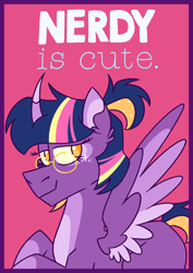 Size: 1130x1600 | Tagged: safe, artist:fuckomcfuck, derpibooru import, oc, oc only, oc:twinkle shine, alicorn, pony, body markings, colored pinnae, colored wings, curved horn, facial markings, freckles, glasses, golden eyes, horn, inspired by another artist, nerdy is cute, ponytail, purple coat, redraw, solo, spread wings, star freckles, text, three toned mane, two toned wings, wings