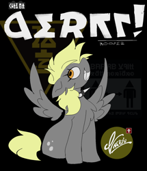 Size: 1256x1463 | Tagged: safe, artist:madiwann, derpibooru import, derpy hooves, pegasus, pony, g4, abstract background, choker, female, mare, solo, spiked choker, symbol, text