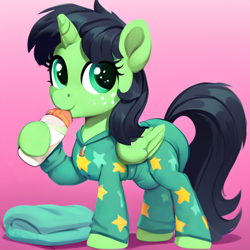 Size: 512x512 | Tagged: safe, ai content, derpibooru import, machine learning generated, oc, oc only, oc:anon filly, alicorn, pony, baby bottle, bottle feeding, clothes, diaper, diaper under clothes, female, filly, foal, freckles, gradient background, non-baby in diaper, onesie, pajamas, prompter:slopai seconds, solo