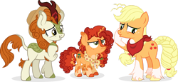 Size: 1920x882 | Tagged: safe, artist:cirillaq, derpibooru import, applejack, autumn blaze, oc, oc:lady marmalade, earth pony, hybrid, kirin, pony, g4, chest marking, cloven hooves, coat markings, female, filly, foal, hat, interspecies offspring, lesbian, magical lesbian spawn, mare, offspring, parent:applejack, parent:autumn blaze, parents:autumnjack, ship:autumnjack, shipping, simple background, socks (coat marking), transparent background, trio, trio female