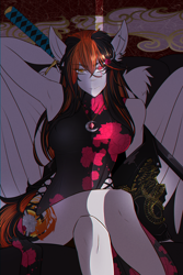 Size: 2000x3000 | Tagged: safe, artist:carbutt69, derpibooru import, oc, oc only, oc:cannon car, anthro, pegasus, armpits, breasts, crossed legs, ear piercing, earring, female, heterochromia, jewelry, katana, multicolored mane, necklace, piercing, scar, sitting, smiling, solo, sword, weapon, wings