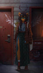 Size: 1771x3000 | Tagged: safe, artist:dogs, derpibooru exclusive, derpibooru import, oc, oc only, anthro, anthro oc, clothes, collage, graffiti, headphones, photoshop, scenery, skirt, solo