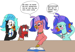 Size: 3240x2271 | Tagged: safe, artist:supahdonarudo, derpibooru import, oc, oc only, oc:coral polyp, oc:icebeak, oc:ironyoshi, oc:sea lilly, classical hippogriff, hippogriff, unicorn, blushing, camera, dialogue, ear piercing, earring, embarrassed, female, horn, jewelry, mother and child, mother and daughter, necklace, parent and child, piercing, scrapbook, simple background, speech bubble, stifling laughter, surprised, table, text, transparent background