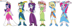 Size: 5983x2313 | Tagged: safe, artist:eagc7, derpibooru import, applejack, fluttershy, pinkie pie, rainbow dash, rarity, twilight sparkle, human, equestria girls, g4, magical mystery cure, clothes, commission, coronation dress, dress, female, group, humane five, humane six, ko-fi, mane six, patreon, simple background, transparent background