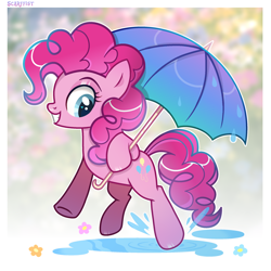 Size: 2360x2360 | Tagged: safe, artist:scarffist, derpibooru import, pinkie pie, earth pony, pony, g4, base used, curly hair, curly mane, curly tail, flower, gritted teeth, happy, long hair, long mane, long tail, looking back, pink coat, pink hair, pink mane, puddle, rain, smiling, solo, tail, teeth, umbrella, walking, water