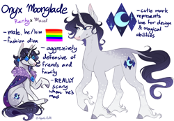 Size: 3250x2250 | Tagged: safe, artist:squishkitti, derpibooru import, part of a set, oc, oc only, oc:onyx moonglade, classical unicorn, pony, unicorn, g4, blaze (coat marking), blue eyes, brooch, cape, clothes, cloven hooves, coat markings, colored ear fluff, colored hooves, concave belly, ear fluff, ears, facial markings, female, fur cape, gradient ears, gradient legs, gradient mane, gradient tail, gray coat, gray hooves, gray text, high res, hooves, horn, implied maud pie, implied rarity, jewelry, leg markings, leonine tail, lidded eyes, long eyelashes, long mane male, magical lesbian spawn, male, male oc, offspring, parent:maud pie, parent:rarity, parents:rarimaud, pride, pride flag, purple mane, purple tail, purple text, raised hoof, raised leg, reference sheet, ship:rarimaud, signature, silver coat, simple background, sitting, smiling, snip (coat marking), solo, stallion, stallion oc, standing, standing on three hooves, sunglasses, tail, tall ears, three toned ears, unicorn horn, unshorn fetlocks, wavy mane, wavy tail, white background