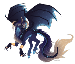 Size: 3500x3000 | Tagged: safe, artist:squishkitti, derpibooru import, oc, oc only, dracony, dragon, hybrid, g4, adoptable, blue body, blue hooves, chest fluff, claws, cloven hooves, coat markings, colored, colored belly, colored chest fluff, colored hooves, colored horn, colored horns, colored wings, cuffs (clothes), curved horn, curved horns, dracony oc, facial markings, flat colors, flying, frown, golden eyes, gradient horn, gradient horns, gradient legs, high res, hooves, horn, horns, hybrid legs, hybrid oc, interspecies offspring, jewelry, leg markings, long tail, looking at you, magical lesbian spawn, multiple horns, narrowed eyes, no catchlights, no pupils, offspring, pale belly, parent:princess ember, parent:princess luna, parents:emberluna, ring, scaled underbelly, scales, signature, simple background, solo, spread wings, starry hair, starry tail, starry wings, tail, three quarter view, transparent background, wing claws, wings