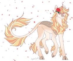 Size: 3000x2500 | Tagged: safe, artist:squishkitti, derpibooru import, oc, oc only, kirin, g4, adoptable, brown hooves, cloven hooves, coat markings, colored, colored hooves, colored horn, colored pinnae, cream coat, facial markings, female, female oc, flat colors, flower, flower in hair, flower on ear, flower petals, high res, hooves, horn, interspecies offspring, kirin horn, kirin oc, leg fluff, leg markings, leonine tail, no catchlights, offspring, orange mane, orange tail, parent:prince blueblood, parent:rain shine, parents:blueshine, pink eyes, raised hoof, raised leg, rose, signature, simple background, solo, striped mane, striped tail, tail, three quarter view, three toned mane, three toned tail, transparent background