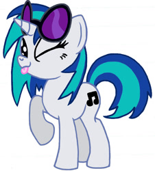 Size: 721x798 | Tagged: safe, artist:silvathebrony, derpibooru import, dj pon-3, vinyl scratch, pony, unicorn, g4, ;p, female, horn, looking at you, mare, one eye closed, raised hoof, raised leg, simple background, solo, standing, sunglasses, sunglasses on head, tongue, tongue out, vinyl's glasses, white background, wink, winking at you