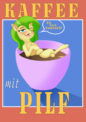 Size: 4961x7016 | Tagged: safe, artist:bluishdraft, derpibooru import, oc, oc only, oc:nettle vienna, earth pony, pony, coffee, coffee mug, female, german, mare, mug, solo