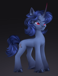 Size: 2581x3403 | Tagged: safe, artist:copshop, derpibooru import, oc, oc only, oc:vitor, pony, unicorn, blue coat, blue mane, blue tail, coat markings, colored, colored eartips, colored hooves, colored horn, colored horntip, colored pupils, commission, concave belly, curved horn, dorsal stripe, ethereal mane, facial markings, frown, gradient background, gradient horn, gray hooves, hoof fluff, hooves, horn, lineless, male, male oc, multicolored horn, narrowed eyes, prince, quadrupedal, red eyes, red pupils, shading, shiny hooves, signature, slender, snip (coat marking), solo, stallion, stallion oc, starry mane, tail, thin, three quarter view, two toned ears, unicorn horn, unicorn oc, unshorn fetlocks, watermark