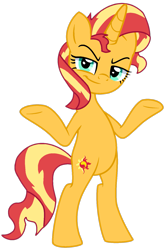 Size: 1025x1550 | Tagged: safe, alternate version, artist:savage-bases, artist:twilyisbestpone, derpibooru import, sunset shimmer, pony, unicorn, g4, base used, bipedal, evil smile, female, grin, horn, looking at you, mare, shrug, shrugset shimmer, simple background, smiling, smug, smugset shimmer, solo, transparent background