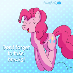 Size: 1000x1000 | Tagged: safe, artist:fruiitypieq, derpibooru import, pinkie pie, earth pony, pony, g4, eyelashes, eyes closed, female, gradient background, hopping, motion lines, patterned background, positive message, positive ponies, signature, smiling, solo, starry background, text, white text