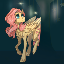 Size: 3600x3600 | Tagged: safe, artist:iyezekiil, derpibooru import, fluttershy, pegasus, pony, g4, chest fluff, female, folded wings, looking up, mare, signature, solo, stars, tree, wings