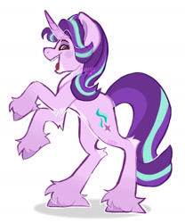 Size: 1280x1541 | Tagged: safe, artist:washifox, derpibooru import, starlight glimmer, pony, unicorn, g4, alternate design, big ears, big hooves, blush lines, blushing, colored belly, colored fluff, colored hooves, colored horn, colored pinnae, colored pupils, curved horn, ears, eyeshadow, facial markings, female, fetlock tuft, gradient horn, gradient legs, hock fluff, hooves, horn, looking at you, looking back, makeup, mare, open mouth, open smile, pale belly, pink hooves, profile, purple eyeshadow, purple pupils, rearing, shadow, signature, simple background, slender, smiling, solo, teeth, thin, unshorn fetlocks, white background