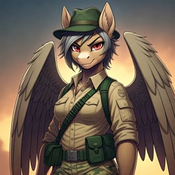 Size: 1024x1024 | Tagged: safe, ai content, derpibooru import, machine learning generated, daring do, anthro, pegasus, g4, clothes, cosplay, costume, fatigues, female, g.i. joe, generator:google imagen 3.0, prompter:zerowinger, recondo, smiling, smirk, solo