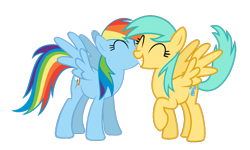 Size: 887x531 | Tagged: safe, derpibooru import, edit, rainbow dash, sunshower raindrops, pegasus, pony, g4, ^^, crack shipping, duo, duo female, eyes closed, female, happy, kiss on the cheek, kissing, lesbian, mare, raised hoof, raised leg, ship:rainbowdrops, shipping, simple background, spread wings, transparent background, vector, vector edit, wings