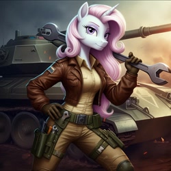 Size: 1024x1024 | Tagged: safe, ai content, derpibooru import, machine learning generated, fleur-de-lis, anthro, unicorn, g4, belt, clothes, cosplay, costume, cover girl, female, g.i. joe, generator:google imagen 3.0, gloves, hand on hip, horn, jacket, leather, leather jacket, prompter:zerowinger, smiling, solo, tank (vehicle), utility belt, wrench