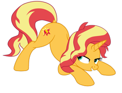 Size: 1611x1229 | Tagged: safe, artist:gmaplay, derpibooru import, sunset shimmer, pony, unicorn, equestria girls, g4, shake your tail, ass up, butt shake, dock, face down ass up, female, horn, mare, simple background, solo, tail, transparent background