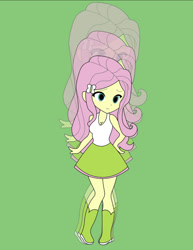 Size: 785x1017 | Tagged: safe, artist:golden-dice, derpibooru import, fluttershy, equestria girls, g4, boots, clothes, green background, growth, high heel boots, shirt, shoes, simple background, skirt, socks, solo