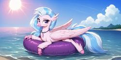 Size: 2400x1200 | Tagged: safe, ai content, derpibooru import, machine learning generated, silverstream, classical hippogriff, hippogriff, g4, beach, cloud, inflatable, jewelry, looking at you, necklace, ocean, prompter:greesys, seashell necklace, smiling, smiling at you, solo, sun, water