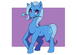 Size: 4960x3508 | Tagged: safe, artist:doofrabbit, derpibooru exclusive, derpibooru import, trixie, pony, unicorn, g4, absurd resolution, eyebrows, female, grin, horn, looking at you, magic wand, mare, mouth hold, open mouth, passepartout, smiling, smiling at you, solo, starry eyes, wingding eyes