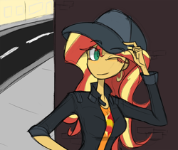 Size: 3500x2951 | Tagged: safe, artist:willowcatkin, derpibooru import, sunset shimmer, human, better together, display of affection, equestria girls, g4, cap, female, flanksy, hat, long neck, no nose, one eye closed, solo, tomboy, wink