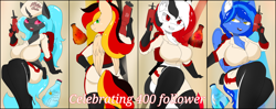 Size: 9866x3894 | Tagged: safe, artist:mairiathus, derpibooru import, oc, oc:anja snow, oc:blue bolt, oc:red rocket, oc:skytia, anthro, changeling, pegasus, pony, bodysuit, breasts, clothes, fallout, gun, nuka cola, smiling, weapon