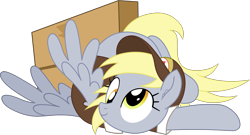 Size: 2331x1262 | Tagged: safe, artist:spookitty, derpibooru import, derpy hooves, pegasus, pony, g4, box, family guy death pose, female, mare, pony waifu sim, rainbow dash presents, simple background, solo, transparent background