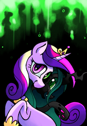 Size: 1410x2048 | Tagged: safe, artist:chipchapp, derpibooru import, princess cadance, queen chrysalis, alicorn, changeling, changeling queen, pony, g4, abstract background, changeling horn, colored pupils, crown, curly hair, curly mane, curly tail, disguise, disguised changeling, duality, duo, duo female, eyelashes, female, gradient sclera, green eyes, hoof shoes, horn, implied changeling, jewelry, long horn, looking at you, looking back, mare, open mouth, open smile, peytral, pink coat, pink eyes, princess shoes, profile, purple pupils, raised hoof, raised hooves, raised leg, regalia, smiling, smiling at you, tail, texture, three quarter view, three toned mane, tiara, two toned tail, unicorn horn, wingless