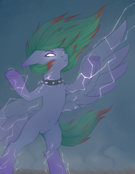 Size: 1642x2129 | Tagged: safe, artist:tanatos, derpibooru import, oc, oc:electra, hybrid, pegabat, belly, belly button, chest fluff, choker, ear fluff, ear piercing, ears, electricity magic, fangs, lightning, piercing, spiked choker, storm, underhoof, wings