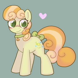 Size: 1800x1800 | Tagged: safe, artist:php193, derpibooru import, junebug, earth pony, pony, g4, adorabug, background pony, bell, bell collar, bow, collar, curly hair, curly mane, cute, female, green background, mare, simple background, solo, tail, tail bow, wingding eyes