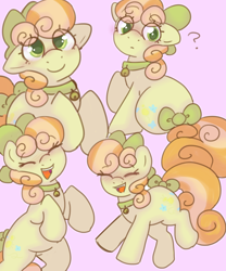 Size: 1500x1800 | Tagged: safe, artist:php193, derpibooru import, junebug, earth pony, pony, g4, adorabug, background pony, bell, bell collar, blushing, bow, collar, curly hair, curly mane, curly tail, cute, female, hair bow, happy, laughing, mare, smiling, solo, tail, tail bow