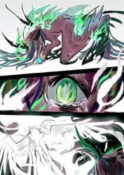 Size: 2894x4093 | Tagged: safe, artist:r-cang, derpibooru import, princess cadance, queen chrysalis, alicorn, angel, changeling, changeling queen, pony, g4, alternate universe, comic, crying, green eyes, looking at someone, merging