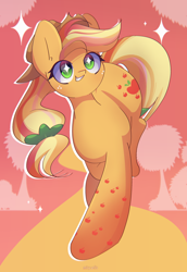 Size: 2000x2900 | Tagged: safe, artist:miryelis, derpibooru import, applejack, earth pony, pony, g4, abstract background, freckles, full body, hat, long hair, rainbow power, smiling, solo, sparkles