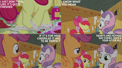 Size: 2000x1125 | Tagged: safe, derpibooru import, edit, edited screencap, editor:quoterific, screencap, apple bloom, scootaloo, sweetie belle, pony, g4, hearts and hooves day (episode), season 2, clubhouse, crusaders clubhouse, cutie mark crusaders, female, filly, foal, glue, glue bottle, trio, trio female