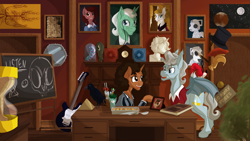 Size: 4000x2250 | Tagged: safe, artist:sixes&sevens, derpibooru import, bat pony, pony, unicorn, adorkable, bill potts, chalkboard, clara oswin oswald, cyberman, desk, doctor who, dork, first doctor, food, guitar, horn, hourglass, indoors, lasagna, monocle, musical instrument, pasta, ponified, river song (doctor who), species swap, susan foreman, twelfth doctor, wallpaper