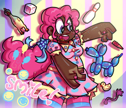 Size: 2613x2256 | Tagged: safe, artist:spritecranbirdie, derpibooru import, pinkie pie, human, g4, :o, abstract background, balloon, balloon animal, cube, dark skin, humanized, open mouth, solo