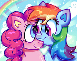 Size: 1685x1344 | Tagged: safe, artist:spritecranbirdie, derpibooru import, pinkie pie, rainbow dash, earth pony, pegasus, pony, g4, cloud, cute, dashabetes, diapinkes, duo, duo female, female, happy, lesbian, looking at each other, looking at someone, mare, pinkiedash, rainbow, shipping, smiling