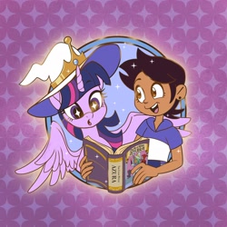 Size: 2048x2048 | Tagged: safe, artist:sophie scruggs, derpibooru import, part of a set, twilight sparkle, twilight sparkle (alicorn), alicorn, human, pony, g4, spoiler:the owl house, abstract background, book, clothes, duo, duo female, ear piercing, female, hat, horn, luz noceda (the owl house), mare, open mouth, open smile, patterned background, piercing, smiling, sparkles, sparkly eyes, spread wings, the good witch azura, the owl house, wingding eyes, wings, witch, witch hat