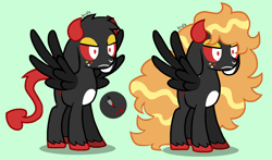 Size: 3000x1767 | Tagged: safe, artist:spritecranbirdie, derpibooru import, demon, goat, pegasus, pony, black coat, long hair, red sclera, simple background, solo, teal background, white eyes