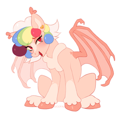 Size: 1450x1350 | Tagged: safe, artist:sociofag, derpibooru import, oc, oc only, oc:puffy amour, bat pony, bat pony oc, bat wings, colored wings, ear fluff, ear piercing, earring, ears, eyebrows, eyebrows visible through hair, fangs, female, fetlock tuft, flirting, full body, hoof fluff, jewelry, mare, multicolored hair, multicolored wings, piercing, simple background, smiling, solo, spread wings