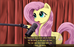 Size: 2293x1445 | Tagged: safe, artist:lillslim, derpibooru import, fluttershy, pegasus, pony, g4, alex jones, curtains, dialogue, digital art, digital painting, drawthread, female, folded wings, mare, meme, microphone, open mouth, podcast, ponified, ponified meme, requested art, shiny eyes, solo, species swap, subtitles, wings