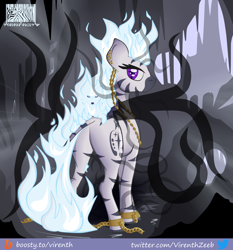 Size: 1000x1074 | Tagged: safe, artist:virenth, derpibooru import, oc, oc:twinkle fox, oc:virenth, demon, demon pony, zebra, chains, eldritch horror, female, looking at you, looking back, looking back at you, mane of fire, nightmare version, presenting, presenting butt, solo, standing, tentacles