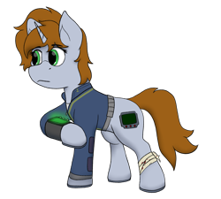 Size: 1557x1401 | Tagged: safe, artist:rusty kettle, derpibooru import, oc, oc only, oc:littlepip, unicorn, fallout equestria, bandage, clothes, fallout, female, green eyes, horn, jumpsuit, pipbuck, simple background, solo, transparent background, vault suit