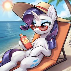 Size: 1024x1024 | Tagged: safe, ai content, derpibooru import, generator:pony diffusion v6 xl, generator:stable diffusion, machine learning generated, rarity, pony, unicorn, g4, chair, glasses, hat, horn, outdoors, palm tree, panama hat, prompter:thelight3d, solo, tree